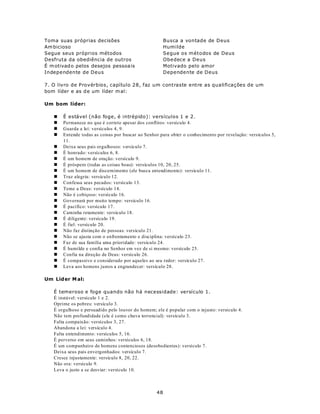 Toma suas próprias decisões                             Busca a vontade de Deus
Am bicioso                                              Humilde
Segue seus próprios métodos                             Segue os métodos de Deus
Desfruta da obediência de outros                        Obedece a Deus
É m otivad o pelos desejos pessoa is                    Motivado pelo amor
Independente de Deus                                    Dependente de Deus

7. O livro de Provérbios, capítulo 28, faz um contraste entre as qualificações de um
bom líder e as d e um líder m al:

Um bom líder:

   n   É estável (não foge, é intrépido): versículos 1 e 2.
   n   Permanece no que é correto apesar dos conflitos: versículo 4.
   n   Guarda a lei: versículos 4, 9.
   n   Entende todas as coisas por buscar ao Senhor para obter o conhecimento por revelação: versículos 5,
       11.
   n   Deixa seus pais orgulhosos: versículo 7.
   n   É honrado: versículos 6, 8.
   n   É um homem de oração: versículo 9.
   n   É próspero (todas as coisas boas): versículos 10, 20, 25.
   n   É um homem de discernimento (ele busca entendimento): versículo 11.
   n   Traz alegria: versículo 12.
   n   Confessa seus pecados: versículo 13.
   n   Teme a Deus: versículo 14.
   n   Não é cobiçoso: versículo 16.
   n   Governará por muito tempo: versículo 16.
   n   É pacífico: versículo 17.
   n   Caminha retamente: versículo 18.
   n   É diligente: versículo 19.
   n   É fiel: versículo 20.
   n   Não faz distinção de pessoas: versículo 21.
   n   Não se ajusta com o enfrentamento e disciplina: versículo 23.
   n   Faz de sua família uma prioridade: versículo 24.
   n   É humilde e confia no Senhor em vez de si mesmo: versículo 25.
   n   Confia na direção de Deus: versículo 26.
   n   É compassivo e considerado por aqueles ao seu redor: versículo 27.
   n   Leva aos homens justos a engrandecer: versículo 28.

Um Líd er M al:

   É temeroso e foge quando não há necessidade: versículo 1.
   É instável: versículo 1 e 2.
   Oprime os pobres: versículo 3.
   É orgulhoso e persuadido pelo louvor do homem; ele é popular com o injusto: versículo 4.
   Não tem profundidade (ele é como chuva torrencial): versículo 3.
   Falta compaixão: versículos 3, 27.
   Abandona a lei: versículo 4.
   Falta entendimento: versículos 5, 16.
   É perverso em seus caminhos: versículos 6, 18.
   É um companheiro de homens contenciosos (desobedientes): versículo 7.
   Deixa seus pais envergonhados: versículo 7.
   Cresce injustamente: versículo 8, 20, 22.
   Não ora: versículo 9.
   Leva o justo a se desviar: versículo 10.



                                                   48
 