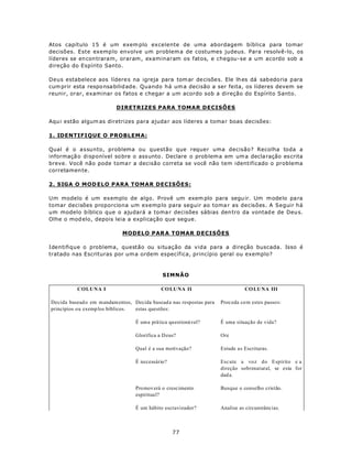 Atos capítulo 15 é um exem plo excelente de uma abordagem bíblica para tomar
decisões. Este exemp lo envolve um problem a de costumes judeus. Para resolvê-lo, os
líderes se en con traram , oraram , examinaram os fatos, e chegou-se a um acordo sob a
direção do Espírito Santo.

Deus estabelece aos lídere s na igreja para tom ar de cisõe s. Ele lh es dá sab edo ria para
cum prir esta respo nsa bilid ade. Quando há um a decisão a ser feita, os líderes devem se
reunir, orar, examinar os fatos e chegar a um acordo sob a direção do Espírito Santo.

                           DIRETRIZES PARA TOMAR DECISÕES

Aqu i estão algum as diretrizes para ajuda r aos líderes a toma r boas decisões:

1. IDENTIFIQUE O PROBLEMA:

Qual é o assunto, problema ou questão que requer uma decisão? Recolha toda a
informaçã o disponível so bre o ass unto . Declare o prob lem a em um a decla ração es crita
breve. Você não pode toma r a decisão correta se você não tem identificado o problema
corretamen te.

2. SIGA O MOD ELO PARA TOMAR DECISÕES:

Um modelo é um exemplo de algo. Provê um exem plo para segu ir. Um m ode lo pa ra
tomar decisões proporciona um exemp lo para seguir ao toma r as decisões. A Seguir há
um modelo bíblico que o ajudará a toma r decisões sábias den tro da vontad e de Deu s.
Olhe o mod elo, depois leia a explicação que segue.

                             MODELO PAR A TOMAR DECISÕES

Identifique o problema, questão ou situação da vida para a direção buscada. Isso é
tratado nas Escrituras por um a ordem específica, princípio geral ou exemplo?



                                               SIMNÃO

          COLUNA I                            CO LU NA II                         CO LU NA III

Decida basead o em m andam entos, Decida basead a nas respostas para   Proc eda co m estes passo s:
princípios ou exemp los bíblicos. estas questões:

                                   É um a prática questioná vel?       É uma situação de vida?

                                   Glorifica a D eus?                  Ore

                                   Qual é a sua motivação?             Estude as Escrituras.

                                   É necessário?                       Esc ute a voz do Espírito e a
                                                                       direção sobrenatural, se esta for
                                                                       dad a.

                                   Pro mov erá o crescimento           Busque o conselho cristão.
                                   espiritua l?

                                   É um hábito escravizador?           Analise as circunstâncias.



                                                   77
 