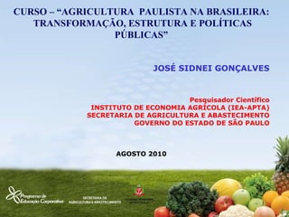 CURSO – “AGRICULTURA  PAULISTA NA BRASILEIRA:  TRANSFORMAÇÃO, ESTRUTURA E POLÍTICAS PÚBLICAS” JOSÉ SIDNEI GONÇALVES Pesquisador Científico INSTITUTO DE ECONOMIA AGRÍCOLA (IEA-APTA) SECRETARIA DE AGRICULTURA E ABASTECIMENTO GOVERNO DO ESTADO DE SÃO PAULO AGOSTO 2010 