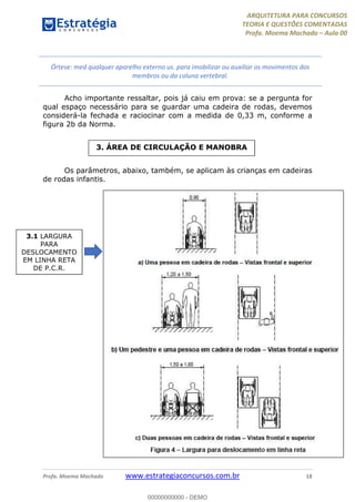 ARQUITETURA PARA CONCURSOS
TEORIA E QUESTÕES COMENTADAS
Profa. Moema Machado – Aula 00
Profa. Moema Machado www.estrategiaconcursos.com.br 18
Acho importante ressaltar, pois já caiu em prova: se a pergunta for
qual espaço necessário para se guardar uma cadeira de rodas, devemos
considerá-la fechada e raciocinar com a medida de 0,33 m, conforme a
figura 2b da Norma.
Os parâmetros, abaixo, também, se aplicam às crianças em cadeiras
de rodas infantis.
3. ÁREA DE CIRCULAÇÃO E MANOBRA
3.1 LARGURA
PARA
DESLOCAMENTO
EM LINHA RETA
DE P.C.R.
Órtese: med qualquer aparelho externo us. para imobilizar ou auxiliar os movimentos dos
membros ou da coluna vertebral.
00000000000 - DEMO
 