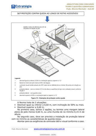 ARQUITETURA PARA CONCURSOS
TEORIA E QUESTÕES COMENTADAS
Profa. Moema Machado – Aula 00
Profa. Moema Machado www.estrategiaconcursos.com.br 22
A Norma trata de 2 situações:
• Desnível igual ou inferior a 0,60 m, com inclinação de 50% ou mais.
• Desnível superior a 0,60 m.
No primeiro caso, temos 2 opções, ou termos uma margem lateral
plana de pelo menos 0,60 m, ou uma mureta de no mínimo 0,15 m de
altura.
No segundo caso, deve ser prevista a instalação de proteção lateral
com no mínimo as características de guarda-corpo.
Atentar para as exigências de contraste tátil e visual conforme o caso.
3.7 PROTEÇÃO CONTRA QUEDA AO LONGO DE ROTAS ACESSÍVEIS
00000000000 - DEMO
 