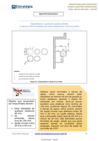 ARQUITETURA PARA CONCURSOS
TEORIA E QUESTÕES COMENTADAS
Profa. Moema Machado – Aula 00
Profa. Moema Machado www.estrategiaconcursos.com.br 30
Empunhadura: 1. punho (da escada); corrimão.
2. lugar por onde se empunha, por onde se pega (arma, remo etc.); punho.
6.5 EMPUNHADURA
Objetos como corrimãos e barras de
apoio, entre outros, devem estar
afastados no mínimo 40 mm da parede ou
outro obstáculo. Quando o objeto for
embutido em nichos, deve-se prever
também uma distância livre mínima de
150 mm, conforme Figura 19. Corrimãos
e barras de apoio, entre outros, devem
ter seção circular com diâmetro entre 30
mm e 45 mm, ou seção elíptica, desde
que a dimensão maior seja de 45 mm e a
menor de 30 mm. São admitidos outros
formatos de seção, desde que sua parte
superior atenda às condições desta
subseção. Garantir um arco da seção do
corrimão de 270°.
Objetos que necessitam
ser empunhados devem:
• Estar afastados de
qualquer obstáculo
40 mm.
• Se estiver
embutido, altura
livre de 150 mm.
• Seção circular entre
30 mm a 45 mm.
00000000000 - DEMO
 