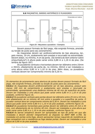 ARQUITETURA PARA CONCURSOS
TEORIA E QUESTÕES COMENTADAS
Profa. Moema Machado – Aula 00
Profa. Moema Machado www.estrategiaconcursos.com.br 31
Devem possuir formato de fácil pega, não exigindo firmeza, precisão
ou torção do pulso para seu acionamento.
As maçanetas devem ser preferencialmente do tipo alavanca, ter,
pelo menos, 10 cm, acabamento sem arestas e recurvado na extremidade.
Devem distar, no mínimo, 4 cm da porta. (Se lembra do item anterior sobre
empunhadura?) A altura pode variar entre 0,80 m a 1,10 m do piso. (Se
lembra da figura 18?)
Os puxadores verticais e horizontais devem ter diâmetro entre 25mm
e 45mm, afastamento da porta de, no mínimo, 40mm e ser instalados a
uma altura entre 0,80 m e 1,10 m do piso. Além disso, os puxadores
verticais devem ter comprimento mínimo de 0,30 m.
6.6 MAÇANETAS, BARRAS ANTIPÂNICO E PUXADORES
Os elementos de acionamento para abertura de portas devem possuir formato de fácil
pega, não exigindo firmeza, precisão ou torção do pulso para seu acionamento.
4.6.6.1 As maçanetas devem preferencialmente ser do tipo alavanca, possuir pelo
menos 100 mm de comprimento e acabamento sem arestas e recurvado na
extremidade, apresentando uma distância mínima de 40 mm da superfície da porta.
Devem ser instaladas a uma altura que pode variar entre 0,80 m e 1,10 m do piso
acabado, conforme Figura 16.
4.6.6.2 Os puxadores verticais para portas devem ter diâmetro entre 25 mm e 45 mm,
com afastamento de no mínimo 40 mm entre o puxador e a superfície da porta. O
puxador vertical deve ter comprimento mínimo de 0,30 m. Devem ser instalados a uma
altura que pode variar entre 0,80 m e 1,10 m do piso acabado, conforme Figura 16.
4.6.6.3 Os puxadores horizontais para portas devem ter diâmetro entre 25 mm e 45
mm, com afastamento de no mínimo 40 mm. Devem ser instalados a uma altura que
pode variar entre 0,80 m e 1,10 m do piso acabado, conforme Figura 16.
4.6.6.4 As barras antipânico devem ser apropriadas ao tipo de porta em que são
instaladas e devem atender integralmente ao disposto na ABNT NBR 11785. Se
instaladas em portas corta-fogo, devem apresentar tempo requerido de resistência ao
fogo compatível com a resistência ao fogo destas portas. Devem ser instaladas a uma
altura de 0,90 m do piso acabado.
00000000000 - DEMO
 