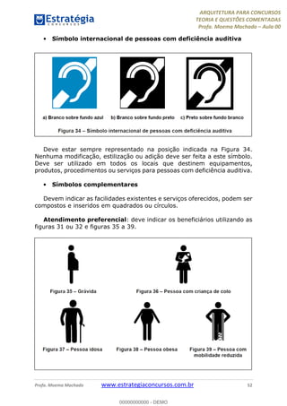 ARQUITETURA PARA CONCURSOS
TEORIA E QUESTÕES COMENTADAS
Profa. Moema Machado – Aula 00
Profa. Moema Machado www.estrategiaconcursos.com.br 52
• Símbolo internacional de pessoas com deficiência auditiva
Deve estar sempre representado na posição indicada na Figura 34.
Nenhuma modificação, estilização ou adição deve ser feita a este símbolo.
Deve ser utilizado em todos os locais que destinem equipamentos,
produtos, procedimentos ou serviços para pessoas com deficiência auditiva.
• Símbolos complementares
Devem indicar as facilidades existentes e serviços oferecidos, podem ser
compostos e inseridos em quadrados ou círculos.
Atendimento preferencial: deve indicar os beneficiários utilizando as
figuras 31 ou 32 e figuras 35 a 39.
00000000000 - DEMO
 