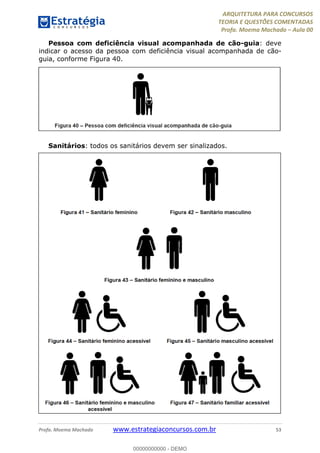 ARQUITETURA PARA CONCURSOS
TEORIA E QUESTÕES COMENTADAS
Profa. Moema Machado – Aula 00
Profa. Moema Machado www.estrategiaconcursos.com.br 53
Pessoa com deficiência visual acompanhada de cão-guia: deve
indicar o acesso da pessoa com deficiência visual acompanhada de cão-
guia, conforme Figura 40.
Sanitários: todos os sanitários devem ser sinalizados.
00000000000 - DEMO
 