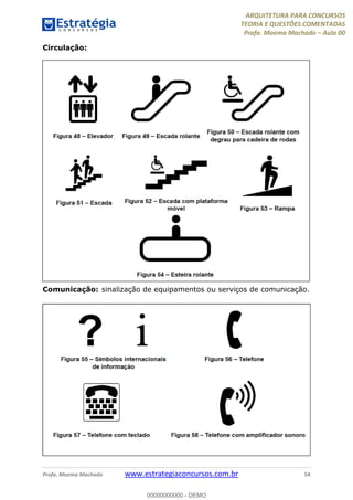 ARQUITETURA PARA CONCURSOS
TEORIA E QUESTÕES COMENTADAS
Profa. Moema Machado – Aula 00
Profa. Moema Machado www.estrategiaconcursos.com.br 54
Circulação:
Comunicação: sinalização de equipamentos ou serviços de comunicação.
00000000000 - DEMO
 
