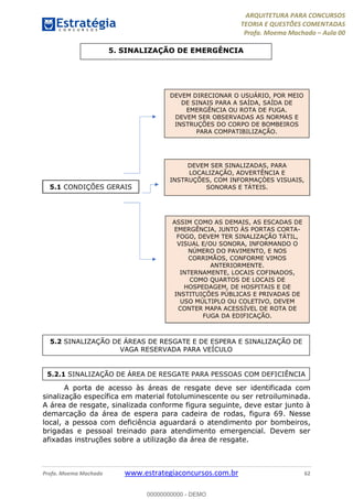 ARQUITETURA PARA CONCURSOS
TEORIA E QUESTÕES COMENTADAS
Profa. Moema Machado – Aula 00
Profa. Moema Machado www.estrategiaconcursos.com.br 62
A porta de acesso às áreas de resgate deve ser identificada com
sinalização específica em material fotoluminescente ou ser retroiluminada.
A área de resgate, sinalizada conforme figura seguinte, deve estar junto à
demarcação da área de espera para cadeira de rodas, figura 69. Nesse
local, a pessoa com deficiência aguardará o atendimento por bombeiros,
brigadas e pessoal treinado para atendimento emergencial. Devem ser
afixadas instruções sobre a utilização da área de resgate.
5.1 CONDIÇÕES GERAIS
DEVEM DIRECIONAR O USUÁRIO, POR MEIO
DE SINAIS PARA A SAÍDA, SAÍDA DE
EMERGÊNCIA OU ROTA DE FUGA.
DEVEM SER OBSERVADAS AS NORMAS E
INSTRUÇÕES DO CORPO DE BOMBEIROS
PARA COMPATIBILIZAÇÃO.
DEVEM SER SINALIZADAS, PARA
LOCALIZAÇÃO, ADVERTÊNCIA E
INSTRUÇÕES, COM INFORMAÇÒES VISUAIS,
SONORAS E TÁTEIS.
ASSIM COMO AS DEMAIS, AS ESCADAS DE
EMERGÊNCIA, JUNTO ÀS PORTAS CORTA-
FOGO, DEVEM TER SINALIZAÇÃO TÁTIL,
VISUAL E/OU SONORA, INFORMANDO O
NÚMERO DO PAVIMENTO, E NOS
CORRIMÃOS, CONFORME VIMOS
ANTERIORMENTE.
INTERNAMENTE, LOCAIS COFINADOS,
COMO QUARTOS DE LOCAIS DE
HOSPEDAGEM, DE HOSPITAIS E DE
INSTITUIÇÕES PÚBLICAS E PRIVADAS DE
USO MÚLTIPLO OU COLETIVO, DEVEM
CONTER MAPA ACESSÍVEL DE ROTA DE
FUGA DA EDIFICAÇÃO.
5.2 SINALIZAÇÃO DE ÁREAS DE RESGATE E DE ESPERA E SINALIZAÇÃO DE
VAGA RESERVADA PARA VEÍCULO
5.2.1 SINALIZAÇÃO DE ÁREA DE RESGATE PARA PESSOAS COM DEFICIÊNCIA
5. SINALIZAÇÃO DE EMERGÊNCIA
00000000000 - DEMO
 