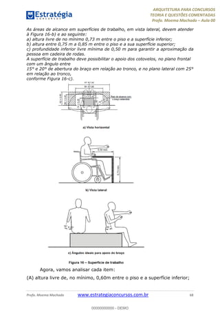 ARQUITETURA PARA CONCURSOS
TEORIA E QUESTÕES COMENTADAS
Profa. Moema Machado – Aula 00
Profa. Moema Machado www.estrategiaconcursos.com.br 68
As áreas de alcance em superfícies de trabalho, em vista lateral, devem atender
à Figura 16-b) e ao seguinte:
a) altura livre de no mínimo 0,73 m entre o piso e a superfície inferior;
b) altura entre 0,75 m a 0,85 m entre o piso e a sua superfície superior;
c) profundidade inferior livre mínima de 0,50 m para garantir a aproximação da
pessoa em cadeira de rodas.
A superfície de trabalho deve possibilitar o apoio dos cotovelos, no plano frontal
com um ângulo entre
15° e 20° de abertura do braço em relação ao tronco, e no plano lateral com 25°
em relação ao tronco,
conforme Figura 16-c).
Agora, vamos analisar cada item:
(A) altura livre de, no mínimo, 0,60m entre o piso e a superfície inferior;
00000000000 - DEMO
 