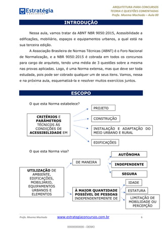 ARQUITETURA PARA CONCURSOS
TEORIA E QUESTÕES COMENTADAS
Profa. Moema Machado – Aula 00
Profa. Moema Machado www.estrategiaconcursos.com.br 6
INTRODUÇÃO
Nessa aula, vamos tratar da ABNT NBR 9050:2015, Acessibilidade a
edificações, mobiliário, espaços e equipamentos urbanos, a qual está na
sua terceira edição.
A Associação Brasileira de Normas Técnicas (ABNT) é o Foro Nacional
de Normalização, e a NBR 9050:2015 é cobrada em todos os concursos
para cargo de arquiteto, tendo uma média de 3 questões sobre a mesma
nas provas aplicadas. Logo, é uma Norma extensa, mas que deve ser toda
estudada, pois pode ser cobrado qualquer um de seus itens. Vamos, nessa
e na próxima aula, esquematizá-la e resolver muitos exercícios juntos.
ESCOPO
O que esta Norma estabelece?
O que esta Norma visa?
CRITÉRIOS E
PARÂMETROS
TÉCNICOS ÀS
CONDIÇÕES DE
ACESSIBILIDADE EM
PROJETO
CONSTRUÇÃO
INSTALAÇÃO E ADAPTAÇÃO DO
MEIO URBANO E RURAL
EDIFICAÇÕES
UTILIZAÇÃO DE
AMBIENTE,
EDIFICAÇÕES,
MOBILIÁRIO,
EQUIPAMENTOS
URBANOS E
ELEMENTOS
DE MANEIRA
AUTÔNOMA
INDEPENDENTE
SEGURA
À MAIOR QUANTIDADE
POSSÍVEL DE PESSOAS
INDEPENDENTEMENTE DE
IDADE
ESTATURA
LIMITAÇÃO DE
MOBILIDADE OU
PERCEPÇÃO
00000000000 - DEMO
 