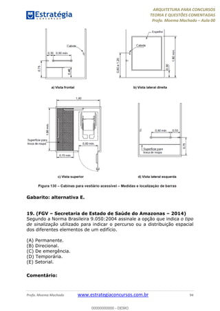 ARQUITETURA PARA CONCURSOS
TEORIA E QUESTÕES COMENTADAS
Profa. Moema Machado – Aula 00
Profa. Moema Machado www.estrategiaconcursos.com.br 94
Gabarito: alternativa E.
19. (FGV – Secretaria de Estado de Saúde do Amazonas – 2014)
Segundo a Norma Brasileira 9.050:2004 assinale a opção que indica o tipo
de sinalização utilizado para indicar o percurso ou a distribuição espacial
dos diferentes elementos de um edifício.
(A) Permanente.
(B) Direcional.
(C) De emergência.
(D) Temporária.
(E) Setorial.
Comentário:
00000000000 - DEMO
 