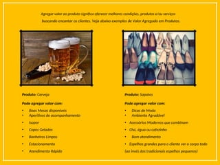 Agregar valor ao produto significa oferecer melhores condições, produtos e/ou serviços
buscando encantar os clientes. Veja abaixo exemplos de Valor Agregado em Produtos.
Produto: Cerveja
Pode agregar valor com:
Produto: Sapatos
Pode agregar valor com:
• Boas Mesas disponíveis • Dicas de Moda
• Aperitivos de acompanhamento • Ambiente Agradável
• Isopor • Acessórios Modernos que combinam
• Copos Gelados • Chá, água ou cafezinho
• Banheiros Limpos • Bom atendimento
• Estacionamento • Espelhos grandes para o cliente ver o corpo todo
• Atendimento Rápido (ao invés dos tradicionais espelhos pequenos)
 