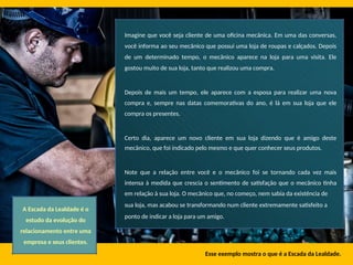 A Escada da Lealdade é o
estudo da evolução do
relacionamento entre uma
empresa e seus clientes.
Imagine que você seja cliente de uma oficina mecânica. Em uma das conversas,
você informa ao seu mecânico que possui uma loja de roupas e calçados. Depois
de um determinado tempo, o mecânico aparece na loja para uma visita. Ele
gostou muito de sua loja, tanto que realizou uma compra.
Depois de mais um tempo, ele aparece com a esposa para realizar uma nova
compra e, sempre nas datas comemorativas do ano, é lá em sua loja que ele
compra os presentes.
Certo dia, aparece um novo cliente em sua loja dizendo que é amigo deste
mecânico, que foi indicado pelo mesmo e que quer conhecer seus produtos.
Note que a relação entre você e o mecânico foi se tornando cada vez mais
intensa à medida que crescia o sentimento de satisfação que o mecânico tinha
em relação à sua loja. O mecânico que, no começo, nem sabia da existência de
sua loja, mas acabou se transformando num cliente extremamente satisfeito a
ponto de indicar a loja para um amigo.
Esse exemplo mostra o que é a Escada da Lealdade.
 