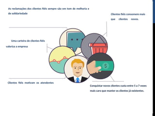 As reclamações dos clientes fiéis sempre são em tom de melhoria e
de solidariedade. Ele se sente parceiro no processo de melhoria. Tanto
que, em vez de espalhar para todo mundo que foi mal atendido, o
cliente conversa só com você e, ainda, aponta uma solução.
Uma carteira de clientes fiéis
valoriza a empresa, pois divulgam
e frequentam todos os eventos da
empresa, estabelecendo um
padrão de crescimento contínuo
do negócio.
Clientes fiéis motivam os atendentes, pois se
sentem parceiros e “amigos íntimos” da empresa
e é assim também com os atendentes,
fortalecendo um laço de amizade comercial entre
eles, afinal é muito melhor atender ou ser
atendido por quem você já conhece.
Clientes fiéis consomem mais
que clientes novos. Os
clientes fiéis, sempre que
precisam de alguma coisa,
procuram a nossa empresa,
mantendo sempre um padrão
de compra.
Conquistar novos clientes custa entre 5 a 7 vezes
mais caro que manter os clientes já existentes.
Logo, o esforço na retenção de clientes é, antes de
tudo, um investimento que garantirá aumento das
vendas e redução das despesas.
 