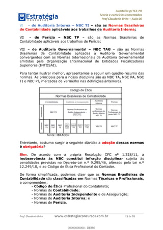!∀#∃%&∋∃()∗+,−./01
,2&∋∃()2)232∋454∃&6)4&728%(#&6)
0∋&9)−:(∀#28∃∋);∋∃%&)<)!∀:()==
0∋&9>)−:(∀#28∃∋);∋∃%&)))))))))))))))))))!!!∀#∃%&∋%#()∋∗+,∗−&∃+∃∀∗+.∀/&0!!!!!!!!!!!!!!!!!!!!!!!!!!45!∀#!23
VI! – de Auditoria Interna – NBC TI – são as Normas Brasileiras
de Contabilidade aplicáveis aos trabalhos de Auditoria Interna;
VII! – de Perícia – NBC TP – são as Normas Brasileiras de
Contabilidade aplicáveis aos trabalhos de Perícia;
VIII! – de Auditoria Governamental – NBC TAG – são as Normas
Brasileiras de Contabilidade aplicadas à Auditoria Governamental
convergentes com as Normas Internacionais de Auditoria Governamental
emitidas pela Organização Internacional de Entidades Fiscalizadoras
Superiores (INTOSAI).
Para tentar ilustrar melhor, apresentamos a seguir um quadro-resumo das
normas. As principais para a nossa disciplina são as NBC TA, NBC PA, NBC
TI e NBC PI, marcadas de vermelho nas definições anteriores.
Fonte: IBRACON
Entretanto, costuma surgir a seguinte dúvida: a adoção dessas normas
é obrigatória?
Sim. De acordo com a própria Resolução CFC nº 1.328/11, a
inobservância às NBC constitui infração disciplinar sujeita às
penalidades previstas no Decreto-Lei n.º 9.295/46, alterado pela Lei n.º
12.249/10, e ao Código de Ética Profissional do Contador.
De forma simplificada, podemos dizer que as Normas Brasileiras de
Contabilidade são classificadas em Normas Técnicas e Profissionais,
e compreendem:
-!Código de Ética Profissional do Contabilista;
-!Normas de Contabilidade;
-!Normas de Auditoria Independente e de Asseguração;
-!Normas de Auditoria Interna; e
- Normas de Perícia.
00000000000
00000000000 - DEMO
 