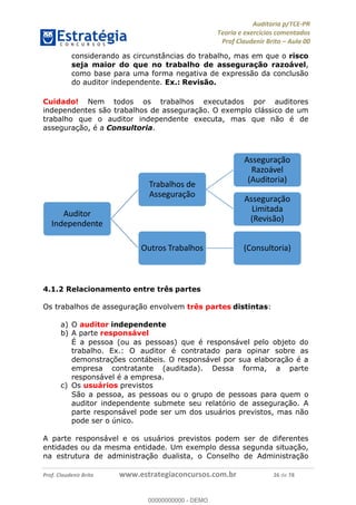 !∀#∃%&∋∃()∗+,−./01
,2&∋∃()2)232∋454∃&6)4&728%(#&6)
0∋&9)−:(∀#28∃∋);∋∃%&)<)!∀:()==
0∋&9>)−:(∀#28∃∋);∋∃%&)))))))))))))))))))!!!∀#∃%&∋%#()∋∗+,∗−&∃+∃∀∗+.∀/&0!!!!!!!!!!!!!!!!!!!!!!!!!!48!∀#!23
considerando as circunstâncias do trabalho, mas em que o risco
seja maior do que no trabalho de asseguração razoável,
como base para uma forma negativa de expressão da conclusão
do auditor independente. Ex.: Revisão.
Cuidado! Nem todos os trabalhos executados por auditores
independentes são trabalhos de asseguração. O exemplo clássico de um
trabalho que o auditor independente executa, mas que não é de
asseguração, é a Consultoria.
4.1.2 Relacionamento entre três partes
Os trabalhos de asseguração envolvem três partes distintas:
a)! O auditor independente
b)! A parte responsável
É a pessoa (ou as pessoas) que é responsável pelo objeto do
trabalho. Ex.: O auditor é contratado para opinar sobre as
demonstrações contábeis. O responsável por sua elaboração é a
empresa contratante (auditada). Dessa forma, a parte
responsável é a empresa.
c)! Os usuários previstos
São a pessoa, as pessoas ou o grupo de pessoas para quem o
auditor independente submete seu relatório de asseguração. A
parte responsável pode ser um dos usuários previstos, mas não
pode ser o único.
A parte responsável e os usuários previstos podem ser de diferentes
entidades ou da mesma entidade. Um exemplo dessa segunda situação,
na estrutura de administração dualista, o Conselho de Administração
&∋∀()∗+!
,−∀#.#−∀#−)#
/+01023∗4!∀#!
&44#5∋+067∗
&44#5∋+067∗!
809∗:;#2!
<&∋∀()∗+(0=
&44#5∋+067∗!
>(?()0∀0!
<8#;(47∗=
≅∋)+∗4!/+01023∗4 <Α∗−4∋2)∗+(0=
00000000000
00000000000 - DEMO
 