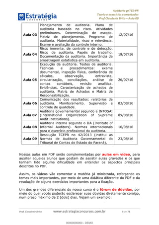 !∀#∃%&∋∃()∗+,−./01
,2&∋∃()2)232∋454∃&6)4&728%(#&6)
0∋&9)−:(∀#28∃∋);∋∃%&)<)!∀:()==
0∋&9>)−:(∀#28∃∋);∋∃%&)))))))))))))))))))!!!∀#∃%&∋%#()∋∗+,∗−&∃+∃∀∗+.∀/&0!!!!!!!!!!!!!!!!!!!!!!!!!!8!∀#!23
Aula 03
Planejamento de auditoria. Plano de
auditoria baseado no risco. Atividades
preliminares. Determinação de escopo.
Matriz de planejamento. Programa de
auditoria. Materialidade, risco e relevância.
Exame e avaliação do controle interno.
12/07/16
Aula 04
Risco inerente, de controle e de detecção.
Risco de auditoria. Papéis de trabalho.
Documentação da auditoria. Importância da
amostragem estatística em auditoria.
19/07/16
Aula 05
Execução da auditoria. Testes de auditoria.
Técnicas e procedimentos: exame
documental, inspeção física, conferência de
cálculos, observação, entrevista,
circularização, conciliações, análise de
contas contábeis, revisão analítica.
Evidências. Caracterização de achados de
auditoria. Matriz de Achados e Matriz de
Responsabilização.
26/07/16
Aula 06
Comunicação dos resultados: relatórios de
auditoria. Monitoramento. Supervisão e
controle de qualidade.
02/08/16
Aula 07
Auditoria governamental segundo a INTOSAI
(International Organization of Supreme
Audit Institutions).
09/08/16
Aula 08
Auditoria interna segundo o IIA (Institute of
Internal Auditors). Normas internacionais
para o exercício profissional da auditoria.
16/08/16
Aula 09
Resolução TCEPR no 42/2013 (institui as
Normas de Auditoria Governamental do
Tribunal de Contas do Estado do Paraná).
23/08/16
Nossas aulas em PDF serão complementadas por aulas em vídeo, para
auxiliar aqueles alunos que gostam de assistir aulas gravadas e os que
tenham tido alguma dificuldade em entender os aspectos principais
descritos no PDF.
Assim, os vídeos vão comentar a matéria já ministrada, reforçando os
temas mais importantes, por meio de uma didática diferente do PDF e da
resolução de alguns exercícios importantes para a fixação.
Um dos grandes diferenciais do nosso curso é o fórum de dúvidas, por
meio do qual vocês poderão esclarecer suas dúvidas diretamente comigo,
num prazo máximo de 2 (dois) dias. Vejam um exemplo:
00000000000
00000000000 - DEMO
 