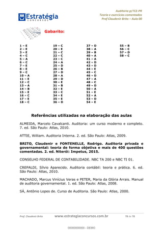 !∀#∃%&∋∃()∗+,−./01
,2&∋∃()2)232∋454∃&6)4&728%(#&6)
0∋&9)−:(∀#28∃∋);∋∃%&)<)!∀:()==
0∋&9>)−:(∀#28∃∋);∋∃%&)))))))))))))))))))!!!∀#∃%&∋%#()∋∗+,∗−&∃+∃∀∗+.∀/&0!!!!!!!!!!!!!!!!!!!!!!!!!!23!∀#!23
Gabarito:
1 – E
2 – E
3 – E
4 – C
5 – A
6 – C
7 – E
8 – E
9 – C
10 – A
11 – E
12 – C
13 – A
14 – B
15 – E
16 – C
17 – E
18 – C
19 – C
20 – E
21 – C
22 – C
23 – C
24 – A
25 – D
26 – B
27 – D
28 – A
29 – D
30 – E
31 – B
32 – E
33 – C
34 – E
35 – E
36 – D
37 – D
38 – A
39 – B
40 – A
41 – A
42 – D
43 – D
44 – E
45 – C
46 – D
47 – A
48 – C
49 – D
50 – A
51 – E
52 – A
53 – D
54 – E
55 – B
56 – C
57 – D
58 – C
Referências utilizadas na elaboração das aulas
ALMEIDA, Marcelo Cavalcanti. Auditoria: um curso moderno e completo.
7. ed. São Paulo: Atlas, 2010.
ATTIE, William. Auditoria Interna. 2. ed. São Paulo: Atlas, 2009.
BRITO, Claudenir e FONTENELLE, Rodrigo. Auditoria privada e
governamental: teoria de forma objetiva e mais de 400 questões
comentadas. 2. ed. Niterói: Impetus, 2015.
CONSELHO FEDERAL DE CONTABILIDADE. NBC TA 200 e NBC TI 01.
CREPALDI, Sílvio Aparecido. Auditoria contábil: teoria e prática. 6. ed.
São Paulo: Atlas, 2010.
MACHADO, Marcus Vinícius Veras e PETER, Maria da Glória Arrais. Manual
de auditoria governamental. 1. ed. São Paulo: Atlas, 2008.
SÁ, Antônio Lopes de. Curso de Auditoria. São Paulo: Atlas, 2000.
00000000000
00000000000 - DEMO
 