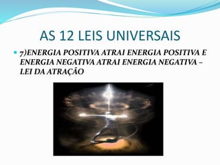 AS 12 LEIS UNIVERSAIS
 7)ENERGIA POSITIVA ATRAI ENERGIA POSITIVA E
ENERGIA NEGATIVA ATRAI ENERGIA NEGATIVA –
LEI DA ATRAÇÃO
 