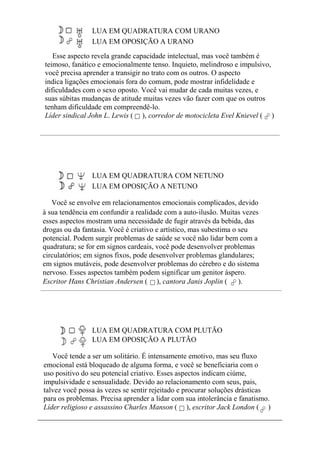 LUA EM QUADRATURA COM URANO
LUA EM OPOSIÇÃO A URANO
Esse aspecto revela grande capacidade intelectual, mas você também é
teimoso, fanático e emocionalmente tenso. Inquieto, melindroso e impulsivo,
você precisa aprender a transigir no trato com os outros. O aspecto
indica ligações emocionais fora do comum, pode mostrar infidelidade e
dificuldades com o sexo oposto. Você vai mudar de cada muitas vezes, e
suas súbitas mudanças de atitude muitas vezes vão fazer com que os outros
tenham dificuldade em compreendê-lo.
Líder sindical John L. Lewis ( ), corredor de motocicleta Evel Knievel ( )
LUA EM QUADRATURA COM NETUNO
LUA EM OPOSIÇÃO A NETUNO
Você se envolve em relacionamentos emocionais complicados, devido
à sua tendência em confundir a realidade com a auto-ilusão. Muitas vezes
esses aspectos mostram uma necessidade de fugir através da bebida, das
drogas ou da fantasia. Você é criativo e artístico, mas subestima o seu
potencial. Podem surgir problemas de saúde se você não lidar bem com a
quadratura; se for em signos cardeais, você pode desenvolver problemas
circulatórios; em signos fixos, pode desenvolver problemas glandulares;
em signos mutáveis, pode desenvolver problemas do cérebro e do sistema
nervoso. Esses aspectos também podem significar um genitor áspero.
Escritor Hans Christian Andersen ( ), cantora Janis Joplin ( ).
LUA EM QUADRATURA COM PLUTÃO
LUA EM OPOSIÇÃO A PLUTÃO
Você tende a ser um solitário. É intensamente emotivo, mas seu fluxo
emocional está bloqueado de alguma forma, e você se beneficiaria com o
uso positivo do seu potencial criativo. Esses aspectos indicam ciúme,
impulsividade e sensualidade. Devido ao relacionamento com seus, pais,
talvez você possa às vezes se sentir rejeitado e procurar soluções drásticas
para os problemas. Precisa aprender a lidar com sua intolerância e fanatismo.
Líder religioso e assassino Charles Manson ( ), escritor Jack London ( )
 