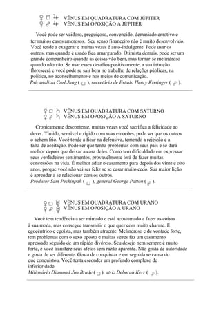 VÊNUS EM QUADRATURA COM JÚPITER
VÊNUS EM OPOSIÇÃO A JÚPITER
Você pode ser vaidoso, preguiçoso, convencido, demasiado emotivo e
ter muitos casos amorosos. Seu senso financeiro não é muito desenvolvido.
Você tende a exagerar e muitas vezes é auto-indulgente. Pode usar os
outros, mas quando é usado fica amargurado. Otimista demais, pode ser um
grande companheiro quando as coisas vão bem, mas tornar-se melindroso
quando não vão. Se usar esses desafios positivamente, a sua intuição
florescerá e você pode se sair bem no trabalho de relações públicas, na
política, no aconselhamento e nos meios de comunicação.
Psicanalista Carl Jung ( ), secretário de Estado Henry Kissinger ( ).
VÊNUS EM QUADRATURA COM SATURNO
VÊNUS EM OPOSIÇÃO A SATURNO
Cronicamente descontente, muitas vezes você sacrifica a felicidade ao
dever. Tímido, sensível e rígido com suas emoções, pode ser que os outros
o achem frio. Você tende a ficar na defensiva, temendo a rejeição e a
falta de aceitação. Pode ser que tenha problemas com seus pais e se dará
melhor depois que deixar a casa deles. Como tem dificuldade em expressar
seus verdadeiros sentimentos, provavelmente terá de fazer muitas
concessões na vida. É melhor adiar o casamento para depois dos vinte e oito
anos, porque você não vai ser feliz se se casar muito cedo. Sua maior lição
é aprender a se relacionar com os outros.
Produtor Sam Peckinpah ( ), general George Patton ( ).
VÊNUS EM QUADRATURA COM URANO
VÊNUS EM OPOSIÇÃO A URANO
Você tem tendência a ser mimado e está acostumado a fazer as coisas
à sua moda, mas consegue transmitir o que quer com muito charme. E
egocêntrico e egoísta, mas também atraente. Melindroso e de vontade forte,
tem problemas com o sexo oposto e muitas vezes faz um casamento
apressado seguido de um rápido divórcio. Seu desejo nem sempre é muito
forte, e você transfere seus afetos sem razão aparente. Não gosta de autoridade
e gosta de ser diferente. Gosta de conquistar e em seguida se cansa do
que conquistou. Você tenta esconder um profundo complexo de
inferioridade.
Milionário Diamond Jim Brady ( ), atriz Deborah Kerr ( ).
 