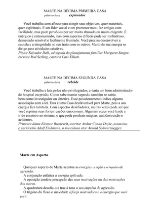 MARTE NA DÉCIMA PRIMEIRA CASA
palavra-chave explorador
Você trabalha com afinco para atingir seus objetivos, quer materiais,
quer espirituais. E um líder social e um promotor nato; faz amigos com
facilidade, mas pode perdê-los por ser muito abusado ou muito exigente. É
enérgico e entusiasmado, mas com aspectos difíceis pode ser melindroso,
demasiado sensível e facilmente frustrado. Você precisa desenvolver a
cautela e a integridade no seu trato com os outros. Muito de sua energia se
dirige para atividades criativas.
Pintor Salvador Dali, advogada do planejamento familiar Margaret Sanger,
escritor Rod Serling, cantora Cass Elliott.
MARTE NA DÉCIMA SEGUNDA CASA
palavra-chave rebelde
Você trabalha e luta pelos não-privilegiados, e daria um bom administrador
de hospital ou prisão. Como sabe manter segredo, também se sairia
bem como investigador ou detetive. Esse posicionamento indica alguma
associação com a lei. Esta é uma Casa desfavorável para Marte, pois a sua
energia fica limitada. Com aspectos desafiadores, muitas vezes pode ser que
você reprima suas fortes reações emocionais. Algumas vezes você tende a
ir de encontro ao sistema, o que pode produzir mágoas, autodestruição e
acidentes.
Primeira dama Eleanor Roosevelt, escritor Arthur Conan Doyle, assassino
e carniceiro Adolf Eichmann, o musculoso ator Arnold Schwarznegger.
Marte em Aspecto
Qualquer aspecto de Marte acentua as energias. a ação e o impulso de
agressão.
A conjunção enfatiza a energia aplicada.
A oposição confere percepção das suas motivações ou das motivações
dos outros.
A quadratura desafia-o e traz à tona o seu impulso de agressão.
O trígono dá fluxo e suavidade à força motivadora e à energia que você
gera.
 