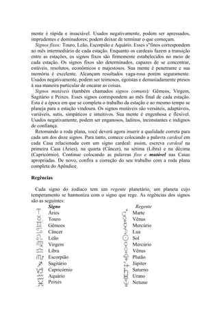 mente é rápida e insaciável. Usados negativamente, podem ser apressados,
imprudentes e dominadores; podem deixar de terminar o que começam.
Signos fixos: Touro, Leão, Escorpião e Aquário. Esses s"finos correspondem
ao mês intermediário de cada estação. Enquanto os cardeais fazem a transição
entre as estações, os signos fixos são firmemente estabelecidos no meio de
cada estação. Os signos fixos são determinados, capazes de se concentrar,
estáveis, resolutos, econômicos e majestosos. Sua mente é penetrante e sua
memória é excelente. Alcançam resultados vaga-rosa porém seguramente.
Usados negativamente, podem ser teimosos, egoístas e demasiadamente presos
à sua maneira particular de encarar as coisas.
Signos mutáveis (também chamados signos comuns): Gêmeos, Virgem,
Sagitário e Peixes. Esses signos correspondem ao mês final de cada estação.
Esta é a época em que se completa o trabalho da estação e ao mesmo tempo se
planeja para a estação vindoura. Os signos mutáveis são versáteis, adaptáveis,
variáveis, sutis, simpáticos e intuitivos. Sua mente é engenhosa e flexível.
Usados negativamente, podem ser enganosos, ladinos, inconstantes e indignos
de confiança.
Retomando a roda plana, você deverá agora inserir a qualidade correta para
cada um dos doze signos. Para tanto, comece colocando a palavra cardeal em
cada Casa relacionada com um signo cardeal: assim, escreva cardeal na
primeira Casa (Áries), na quarta (Câncer), na sétima (Libra) e na décima
(Capricórnio). Continue colocando as palavras fixo e mutável nas Casas
apropriadas. De novo, confira a correção do seu trabalho com a roda plana
completa do Apêndice.
Regências
Cada signo do zodíaco tem um regente planetário, um planeta cujo
temperamento se harmoniza com o signo que rege. As regências dos signos
são as seguintes:
Signo
Áries
Touro
Gêmeos
Câncer
Leão
Virgem
Libra
Escorpião
Sagitário
Capricórnio
Aquário
Peixes
Regente
Marte
Vênus
Mercúrio
Lua
Sol
Mercúrio
Vênus
Plutão
Júpiter
Saturno
Urano
Netuno
 