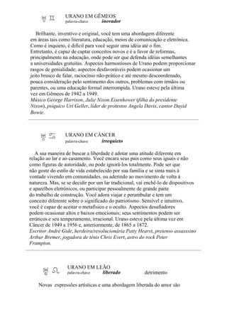 URANO EM GÊMEOS
palavra-chave inovador
Brilhante, inventivo e original, você tem uma abordagem diferente
em áreas tais como literatura, educação, meios de comunicação e eletrônica.
Como é inquieto, é difícil para você seguir uma idéia até o fim.
Entretanto, é capaz de captar conceitos novos e é a favor de reformas,
principalmente na educação, onde pode ser que defenda idéias semelhantes
a universidades gratuitas. Aspectos harmoniosos de Urano podem proporcionar
rasgos de genialidade; aspectos desfavoráveis podem ocasionar um
jeito brusco de falar, raciocínio não-prático e até mesmo descoordenado,
pouca consideração pelo sentimento dos outros, problemas com irmãos ou
parentes, ou uma educação formal interrompida. Urano esteve pela última
vez em Gêmeos de 1942 a 1949.
Músico George Harrison, Julie Nixon Eisenhower (filha do presidente
Nixon), psíquico Uri Geller, líder de protestos Angela Davis, cantor Dayid
Bowie.
URANO EM CÂNCER
palavra-chave irrequieto
A sua maneira de buscar a liberdade é adotar uma atitude diferente em
relação ao lar e ao casamento. Você encara seus pais como seus iguais e não
como figuras de autoridade, ou pode ignorá-los totalmente. Pode ser que
não goste do estilo de vida estabelecido por sua família e se sinta mais à
vontade vivendo em comunidades, ou aderindo ao movimento de volta à
natureza. Mas, se se decidir por um lar tradicional, vai enchê-lo de dispositivos
e aparelhos eletrônicos, ou participar pessoalmente de grande parte
do trabalho de construção. Você adora viajar e perambular e tem um
conceito diferente sobre o significado do patriotismo. Sensível e intuitivo,
você é capaz de aceitar o metafísico e o oculto. Aspectos desafiadores
podem ocasionar altos e baixos emocionais; seus sentimentos podem ser
erráticos e seu temperamento, irracional. Urano esteve pela última vez em
Câncer de 1949 a 1956 e, anteriormente, de 1865 a 1872.
Escritor André Gide, herdeira/revolucionária Patty Hearst, pretenso assasssino
Arthur Bremer, jogadora de ténis Chris Evert, astro do rock Peter
Frampton.
URANO EM LEÃO
palavra-chave liberado detrimento
Novas expressões artísticas e uma abordagem liberada do amor são
 