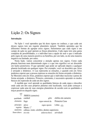 Lição 2: Os Signos
Introdução
Na lição 1 você aprendeu que há doze signos no zodíaco, e que cada um
desses signos tem um regente planetário natural. Também aprendeu que há
diferentes formas de agrupar esses signos. Salientamos que cada signo é um
campo de ação no qual operam as forças planetárias. Cada signo tem uma gama
completa de possibilidades, e o indivíduo tem a opção de usar o que é indicado
pelo signo de uma maneira positiva ou benéfica, por um lado, ou de uma maneira
negativa ou limitada. por outro.
Nesta lição. vamos concentrar a atenção apenas nos signos. Como cada
planeta funciona num determinado signo e o que isto significa vai ser discutido
em lições posteriores. O que aprender aqui pode ser aplicado depois a qualquer
planeta localizado em qualquer signo. Por exemplo: você vai descobrir que Áries
é arrojado e dinâmico. A Lua representa as emoções, e quando está em Áries
podemos esperar que a pessoa expresse as emoções de forma arrojada e dinâmica.
Se Mercúrio está em Áries, podemos esperar que o indivíduo raciocine e pense de
forma arrojada .e dinâmica. Primeiro, entretanto, é necessário aprender os modos
básicos de expressão de cada um dos signos.
À medida que você aprende as qualidades básicas de cada signo e descobre
onde cada um dos seus próprios planetas está localizado, você pode começar a
expressar cada uma de suas energias planetárias de acordo com as qualidades e
traços positivos daquele signo.
ÁRIES (carneiro)
qualidade cardeal glifo chifres do carneiro
elemento fogo signo natural da Primeira Casa
princípio ativo signo oposto Libra
regente Marte
anatomia cabeça. rosto. cérebro, dentes superiores
frase-chave eu sou palavra-chave atividade
 