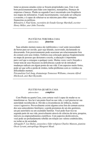 tratar as pessoas amadas como se fossem propriedades suas. Este é um
bom posicionamento para lidar com impostos, monopólios, finanças de
empresas e bancos. Plutão na segunda Casa é encontrado com freqüência
nos mapas de milionários. Usado incorretamente, você pode ser cobiçoso
e avarento, e é capaz de rebaixar-se ao máximo para obter vantagens
financeiras ou políticas.
Bilionário J. Paul Getty, secretário de Estado George Marshall, escritor
Henry Miller, ator John Travolta.
PLUTÃO NA TERCEIRA CASA
palavra-chave futurista
Suas atitudes mentais nunca são indiferentes e você sente necessidade
de berrar para ser ouvido, quer seja falando, escrevendo, declamando ou
discursando. Este posicionamento pode ocasionar um relacionamento fora
do comum com seus irmãos. Embora essa colocação apareça freqüentemente
no mapa de pessoas que deixaram a escola, a educação é importante
para você que a consegue a qualquer custo. Muitas vezes você é forçado a
tomar nota de seus fracassos ou deficiências e pode ter de introduzir
mudanças radicais em algum ponto da sua vida. Com aspectos muito fortes,
pode ser que sofra a perda de irmãos, tenha problemas com os vizinhos ou
dificuldades mentais.
Psicanalista Carl Jung, dramaturgo Tennessee Williams, cineasta Alfred
Hitchcock, ator Burt Reynolds.
PLUTÃO NA QUARTA CASA
palavra-chave complexo
Com Plutão na quarta Casa, com certeza você é capaz de mudar-se ou
transformar-se. Seu lar é um ponto focal na sua vida, e você precisa ter sua
autoridade reconhecida aí. Devido a circunstâncias de infância, muitas
vezes é agressivo. Provavelmente existe alguma coisa fora do comum acerca
dos seus antecedentes familiares: a perda prematura de um dos genitores,
um pai autoritário ou um escândalo familiar. Você pode ficar rico na
segunda parte de sua vida, possivelmente através de ciências da terra, pesquisa,
imóveis ou empreendimentos científicos. Com aspectos desfavoráveis,
você pode ser profundamente rebelde em relação aos valores estabelecidos,
ou isolar-se da sociedade.
Advogado F. Lee Bailey, assassino e líder religioso Charles Manson, pianista
Oscar Levant, antropóloga Margaret Mead.
 