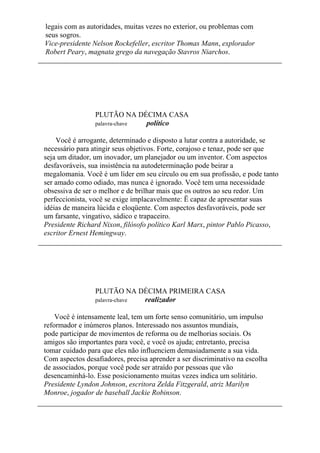 legais com as autoridades, muitas vezes no exterior, ou problemas com
seus sogros.
Vice-presidente Nelson Rockefeller, escritor Thomas Mann, explorador
Robert Peary, magnata grego da navegação Stavros Niarchos.
PLUTÃO NA DÉCIMA CASA
palavra-chave político
Você é arrogante, determinado e disposto a lutar contra a autoridade, se
necessário para atingir seus objetivos. Forte, corajoso e tenaz, pode ser que
seja um ditador, um inovador, um planejador ou um inventor. Com aspectos
desfavoráveis, sua insistência na autodeterminação pode beirar a
megalomania. Você é um líder em seu círculo ou em sua profissão, e pode tanto
ser amado como odiado, mas nunca é ignorado. Você tem uma necessidade
obsessiva de ser o melhor e de brilhar mais que os outros ao seu redor. Um
perfeccionista, você se exige implacavelmente: Ë capaz de apresentar suas
idéias de maneira lúcida e eloqüente. Com aspectos desfavoráveis, pode ser
um farsante, vingativo, sádico e trapaceiro.
Presidente Richard Nixon, filósofo político Karl Marx, pintor Pablo Picasso,
escritor Ernest Hemingway.
PLUTÃO NA DÉCIMA PRIMEIRA CASA
palavra-chave realizador
Você é intensamente leal, tem um forte senso comunitário, um impulso
reformador e inúmeros planos. Interessado nos assuntos mundiais,
pode participar de movimentos de reforma ou de melhorias sociais. Os
amigos são importantes para você, e você os ajuda; entretanto, precisa
tomar cuidado para que eles não influenciem demasiadamente a sua vida.
Com aspectos desafiadores, precisa aprender a ser discriminativo na escolha
de associados, porque você pode ser atraído por pessoas que vão
desencaminhá-lo. Esse posicionamento muitas vezes indica um solitário.
Presidente Lyndon Johnson, escritora Zelda Fitzgerald, atriz Marilyn
Monroe, jogador de baseball Jackie Robinson.
 