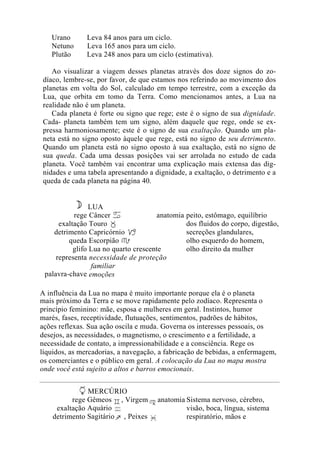 Urano Leva 84 anos para um ciclo.
Netuno Leva 165 anos para um ciclo.
Plutão Leva 248 anos para um ciclo (estimativa).
Ao visualizar a viagem desses planetas através dos doze signos do zo-
díaco, lembre-se, por favor, de que estamos nos referindo ao movimento dos
planetas em volta do Sol, calculado em tempo terrestre, com a exceção da
Lua, que orbita em tomo da Terra. Como mencionamos antes, a Lua na
realidade não é um planeta.
Cada planeta é forte ou signo que rege; este é o signo de sua dignidade.
Cada- planeta também tem um signo, além daquele que rege, onde se ex-
pressa harmoniosamente; este é o signo de sua exaltação. Quando um pla-
neta está no signo oposto àquele que rege, está no signo de seu detrimento.
Quando um planeta está no signo oposto à sua exaltação, está no signo de
sua queda. Cada uma dessas posições vai ser arrolada no estudo de cada
planeta. Você também vai encontrar uma explicação mais extensa das dig-
nidades e uma tabela apresentando a dignidade, a exaltação, o detrimento e a
queda de cada planeta na página 40.
LUA
rege
exaltação
detrimento
queda
glifo
representa
palavra-chave
Câncer anatomia
Touro
Capricórnio
Escorpião
Lua no quarto crescente
necessidade de proteção
familiar
emoções
peito, estômago, equilíbrio
dos fluidos do corpo, digestão,
secreções glandulares,
olho esquerdo do homem,
olho direito da mulher
A influência da Lua no mapa é muito importante porque ela é o planeta
mais próximo da Terra e se move rapidamente pelo zodíaco. Representa o
princípio feminino: mãe, esposa e mulheres em geral. Instintos, humor
marés, fases, receptividade, flutuações, sentimentos, padrões de hábitos,
ações reflexas. Sua ação oscila e muda. Governa os interesses pessoais, os
desejos, as necessidades, o magnetismo, o crescimento e a fertilidade, a
necessidade de contato, a impressionabilidade e a consciência. Rege os
líquidos, as mercadorias, a navegação, a fabricação de bebidas, a enfermagem,
os comerciantes e o público em geral. A colocação da Lua no mapa mostra
onde você está sujeito a altos e barros emocionais.
MERCÚRIO
rege
exaltação
detrimento
Gêmeos , Virgem anatomia
Aquário
Sagitário , Peixes
Sistema nervoso, cérebro,
visão, boca, língua, sistema
respiratório, mãos e
 