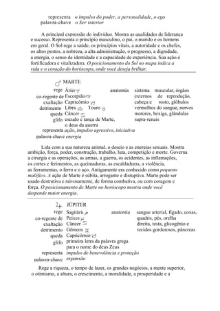 representa o impulso do poder, a personalidade, o ego
palavra-chave o Ser interior
A principal expressão do indivíduo. Mostra as qualidades de liderança
e sucesso. Representa o princípio masculino, o pai, o marido e os homens
em geral. O Sol rege a saúde, os princípios vitais, a autoridade e os chefes,
os altos postos, a nobreza, a alta administração, o progresso, a dignidade,
a energia, o senso de identidade e a capacidade de experiência. Sua ação é
fortificadora e vitalizadora. O posicionamento do Sol no mapa indica a
vida e o coração do horóscopo, onde você deseja brilhar.
MARTE
rege
co-regente de
exaltação
detrimento
queda
glifo
Áries anatomia
Escorpião
Capricórnio
Libra Touro
Câncer
escudo e lança de Marte,
o deus da guerra
sistema muscular, órgãos
externos de reprodução,
cabeça e rosto, glóbulos
vermelhos do sangue, nervos
motores, bexiga, glândulas
supra-renais
representa ação, impulso agressivo, iniciativa
palavra-chave energia
Lida com a sua natureza animal, o desejo e as energias sexuais. Mostra
ambição, força, poder, construção, trabalho, luta, competição e morte. Governa
a cirurgia e as operações, as armas, a guerra, os acidentes, as inflamações,
os cortes e ferimentos, as queimaduras, as escaldaduras, a violência,
as ferramentas, o ferro e o aço. Antigamente era conhecido como pequeno
maléfico. A ação de Marte é súbita, arrogante e disruptiva. Marte pode ser
usado destrutiva e raivosamente, de forma combativa, ou com coragem e
força. O posicionamento de Marte no horóscopo mostra onde você
despende maior energia.
JÚPITER
rege
co-regente de
exaltação
detrimento
queda
glifo
representa
palavra-chave
Sagitário anatomia sangue arterial, fígado, coxas,-
Peixes quadris, pés, orelha
Câncer direita, testa, glicogênio e
Gêmeos tecidos gordurosos, pâncreas
Capricórnio
primeira letra da palavra grega
para o nome do deus Zeus
impulso de benevolência e proteção
expansão
Rege a riqueza, o tempo de lazer, os grandes negócios, a mente superior,
o otimismo, a altura, o crescimento, a moralidade, a prosperidade e a
 