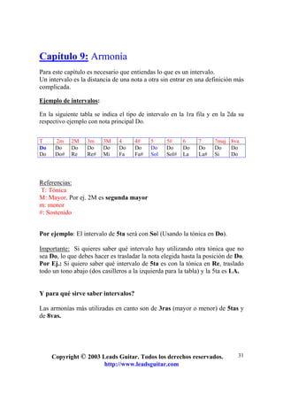 Copyright © 2003 Leads Guitar. Todos los derechos reservados.
http://www.leadsguitar.com
31
Capítulo 9: Armonía
Para este capítulo es necesario que entiendas lo que es un intervalo.
Un intervalo es la distancia de una nota a otra sin entrar en una definición más
complicada.
Ejemplo de intervalos:
En la siguiente tabla se indica el tipo de intervalo en la 1ra fila y en la 2da su
respectivo ejemplo con nota principal Do.
T 2m 2M 3m 3M 4 4# 5 5# 6 7 7maj 8va
Do
Do
Do
Do#
Do
Re
Do
Re#
Do
Mi
Do
Fa
Do
Fa#
Do
Sol
Do
Sol#
Do
La
Do
La#
Do
Si
Do
Do
Referencias:
T: Tónica
M: Mayor. Por ej. 2M es segunda mayor
m: menor
#: Sostenido
Por ejemplo: El intervalo de 5ta será con Sol (Usando la tónica en Do).
Importante: Si quieres saber qué intervalo hay utilizando otra tónica que no
sea Do, lo que debes hacer es trasladar la nota elegida hasta la posición de Do.
Por Ej.: Si quiero saber qué intervalo de 5ta es con la tónica en Re, traslado
todo un tono abajo (dos casilleros a la izquierda para la tabla) y la 5ta es LA.
Y para qué sirve saber intervalos?
Las armonías más utilizadas en canto son de 3ras (mayor o menor) de 5tas y
de 8vas.
 