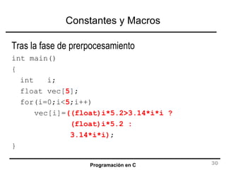 Constantes y Macros Tras la fase de prerpocesamiento int main() { int  i; float vec[ 5 ]; for(i=0;i< 5 ;i++) vec[i]= ((float)i*5.2>3.14*i*i ?    (float)i*5.2 :   3.14*i*i) ; } 
