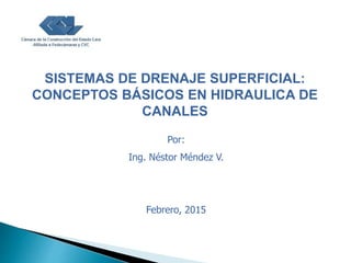Por:
Ing. Néstor Méndez V.
Febrero, 2015
SISTEMAS DE DRENAJE SUPERFICIAL:
CONCEPTOS BÁSICOS EN HIDRAULICA DE
CANALES
 