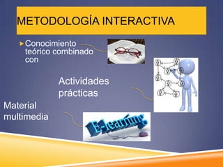 METODOLOGÍA INTERACTIVA
    Conocimiento
    teórico combinado
    con

             Actividades
             prácticas
Material
multimedia
 