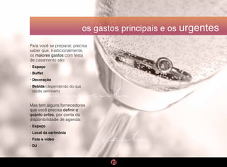 os gastos principais e os urgentes
Para você se preparar, precisa
saber que, tradicionalmente,
os maiores gastos com festa
de casamento são:
• Espaço
• Buffet
• Decoração
• Bebida (dependendo do que
vocês definirem)
Mas tem alguns fornecedores
que você precisa definir o
quanto antes, por conta da
disponibilidade de agenda:
• Espaço
• Local da cerimônia
• Foto e vídeo
• DJ
festa
casamento
 
