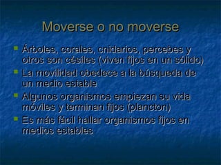 Moverse o no moverseMoverse o no moverse
 Árboles, corales, cnidarios, percebes yÁrboles, corales, cnidarios, percebes y
otros son césiles (viven fijos en un sólido)otros son césiles (viven fijos en un sólido)
 La movilidad obedece a la búsqueda deLa movilidad obedece a la búsqueda de
un medio estableun medio estable
 Algunos organismos empiezan su vidaAlgunos organismos empiezan su vida
móviles y terminan fijos (plancton)móviles y terminan fijos (plancton)
 Es más fácil hallar organismos fijos enEs más fácil hallar organismos fijos en
medios establesmedios estables
 