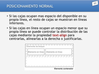 POSICIONAMIENTO NORMAL
• Si las cajas ocupan mas espacio del disponible en su
propia línea, el resto de cajas se muestran en líneas
inferiores.
• Si las cajas en línea ocupan un espacio menor que su
propia línea se puede controlar la distribución de las
cajas mediante la propiedad text-align para
centrarlas, alinearlas a la derecha o justificarlas.

 