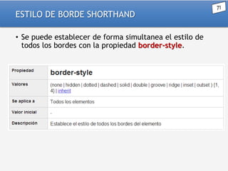 ESTILO DE BORDE SHORTHAND
• Se puede establecer de forma simultanea el estilo de
todos los bordes con la propiedad border-style.

 