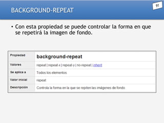 BACKGROUND-REPEAT
• Con esta propiedad se puede controlar la forma en que
se repetirá la imagen de fondo.

 