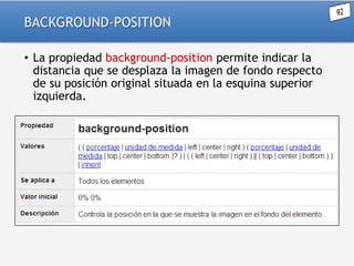 BACKGROUND-POSITION
• La propiedad background-position permite indicar la
distancia que se desplaza la imagen de fondo respecto
de su posición original situada en la esquina superior
izquierda.

 