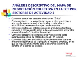 ANÁLISIS DESCRIPTIVO DEL MAPA DE NEGOCIACIÓN COLECTIVA EN LA FCT POR SECTORES DE ACTIVIDAD I Convenios sectoriales estatales de carácter "único". Convenios únicos con vocación de sumar sectores que tienen una regulación en convenios sectoriales provinciales o autonómicos y en convenios o pactos de empresa. Convenios sectoriales estatales con una articulación territorial completa o casi completa sobre la base de convenios sectoriales provinciales o de Comunidad Autónoma. Convenios colectivos de empresa que viven en una cierta autarquía respecto a su realidad sectorial, en los que. Convenios colectivos de ámbito sectorial en sectores con una presencia hegemónica de la pequeña y mediana empresa, en los que se regula nominalmente pero el convenio colectivo no penetra en el centro de trabajo. 