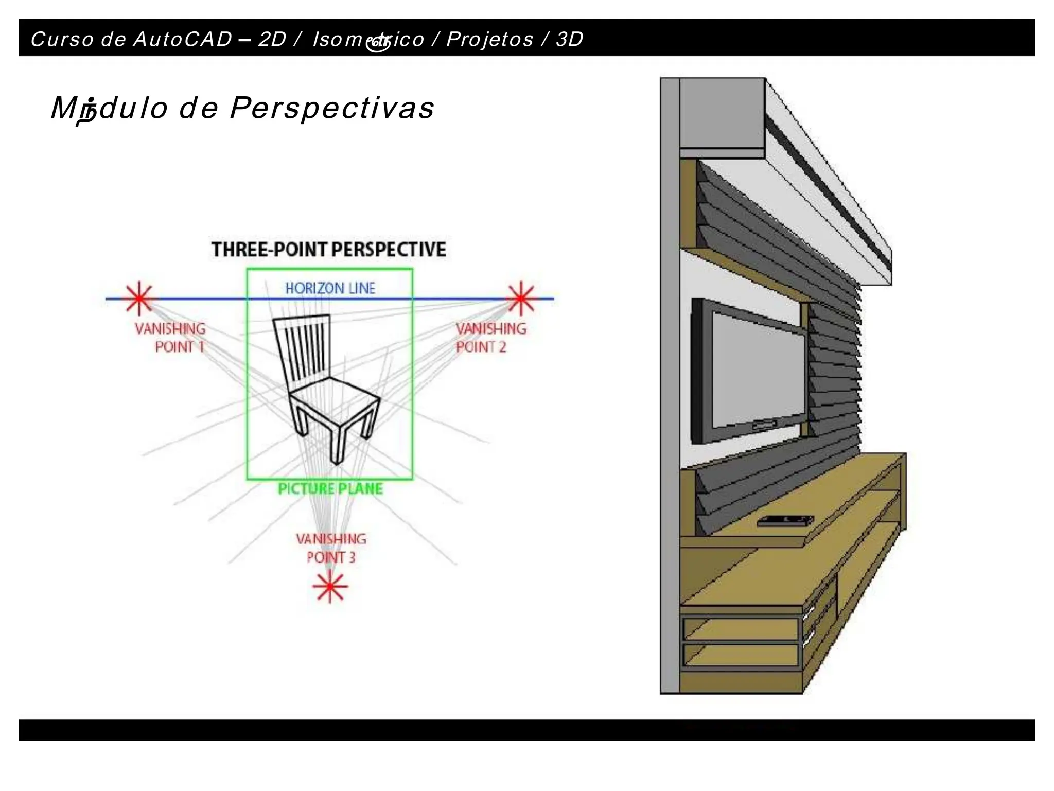 Curso de AutoCAD
Curso de AutoCAD –
– 2D /
2D / Iso
Iso m
mé
é
tr
tric
ico / Pro
o / Projet
jeto
os / 3D
s / 3D
Mó
Módu
dulo d
lo de P
e Perspectivas
erspectivas
 