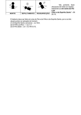 “Ide, portanto, fazei
discípulos de todas as nações,
batizando-os em nome do Pai
e do
Filho e do Espírito Santo” – Mt
28.19.
O batismo deve ser feito em ome do Pai e do Filho e do Espírito Santo, po is os três
atuam juntos na salvação do homem:
(1) O Espírito Santo convence – Jo 16.8;
(2) O Filho purifica – 1 Jo 1.7;
(3) O Pai adota – Jo 1.12; Rm 8.15.
 
