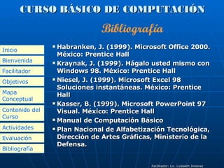 CURSO BÁSICO DE COMPUTACIÓN Habranken, J. (1999). Microsoft Office 2000. México: Prentice Hall Kraynak, J. (1999). Hágalo usted mismo con Windows 98. México: Prentice Hall Niesel, J. (1999). Microsoft Excel 98 Soluciones instantáneas. México: Prentice Hall Kasser, B. (1999). Microsoft PowerPoint 97 Visual. México: Prentice Hall Manual de Computación Básico Plan Nacional de Alfabetización Tecnológica, Dirección de Artes Gráficas, Ministerio de la Defensa. Facilitador: Lic. Lizabeth Jiménez Bibliografía Inicio Bienvenida Facilitador Objetivos Mapa Conceptual Contenido del Curso Actividades Bibliografía Evaluación 