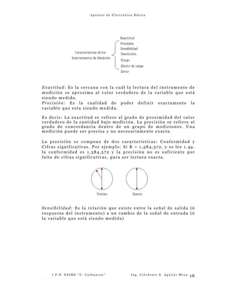 A p u n t e s d e E l e c t r ó n i c a B á s i c a
Exactitud: Es la cercana con la cuál la lectura del instrumento de
medición se aproxima al valor verdadero de la variable que está
siendo medida.
Precisión: Es la cualidad de poder definir exactamente la
variable que esta siendo medida.
Es decir: La exactitud se refiere al grado de proximidad del valor
verdadero de la cantidad bajo medición. La precisión se refiere al
grado de concordancia dentro de un grupo de mediciones. Una
medición puede ser precisa y no necesariamente exacta.
La precisión se compone de dos características: Conformidad y
Cifras significativas. Por ejemplo: Si R = 1,384,572, y se lee 1.4µ.
la conformidad es 1,384,572 y la precisión no es suficiente por
falta de cifras significativas, para ser lectura exacta.
Sensibilidad: Es la relación que existe entre la señal de salida (ó
respuesta del instrumento) a un cambio de la señal de entrada (ó
la variable que está siendo medida)
I . P . N . E S I M E “ U . C u l h u a c a n ” I n g . C e l e d o n i o E . A g u i l a r M e z a
- -
16
 