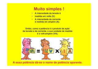 Muito simples !
• A intensidade da tensão é
• medida em volts (V).
• A intensidade da corrente
é medida em ampère (A).
Então, como a potência é o produto da ação
da tensão e da corrente, a sua unidade de medida
é o volt-ampère (VA).
A essa potência dá-se o nome de potência aparente.
 