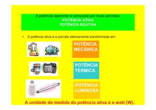 A potência aparente é composta por duas parcelas:
POTÊNCIA ATIVA
POTÊNCIA REATIVA
• A potência ativa é a parcela efetivamente transformada em:
POTÊNCIA
MECÂNICA
POTÊNCIA
TÉRMICA
POTÊNCIA
LUMINOSA
A unidade de medida da potência ativa é o watt (W).
 