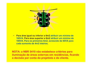 • Para área igual ou inferior a 6m2 atribuir um mínimo de
100VA. Para área superior a 6m2 atribuir um mínimo de
100VA. Para os primeiros 6m2, acrescido de 60VA para
cada aumento de 4m2 inteiros.
NOTA: a NBR 5410 não estabelece critérios para
iluminação de áreas externas em residências, ficando
a decisão por conta do projetista e do cliente.
 